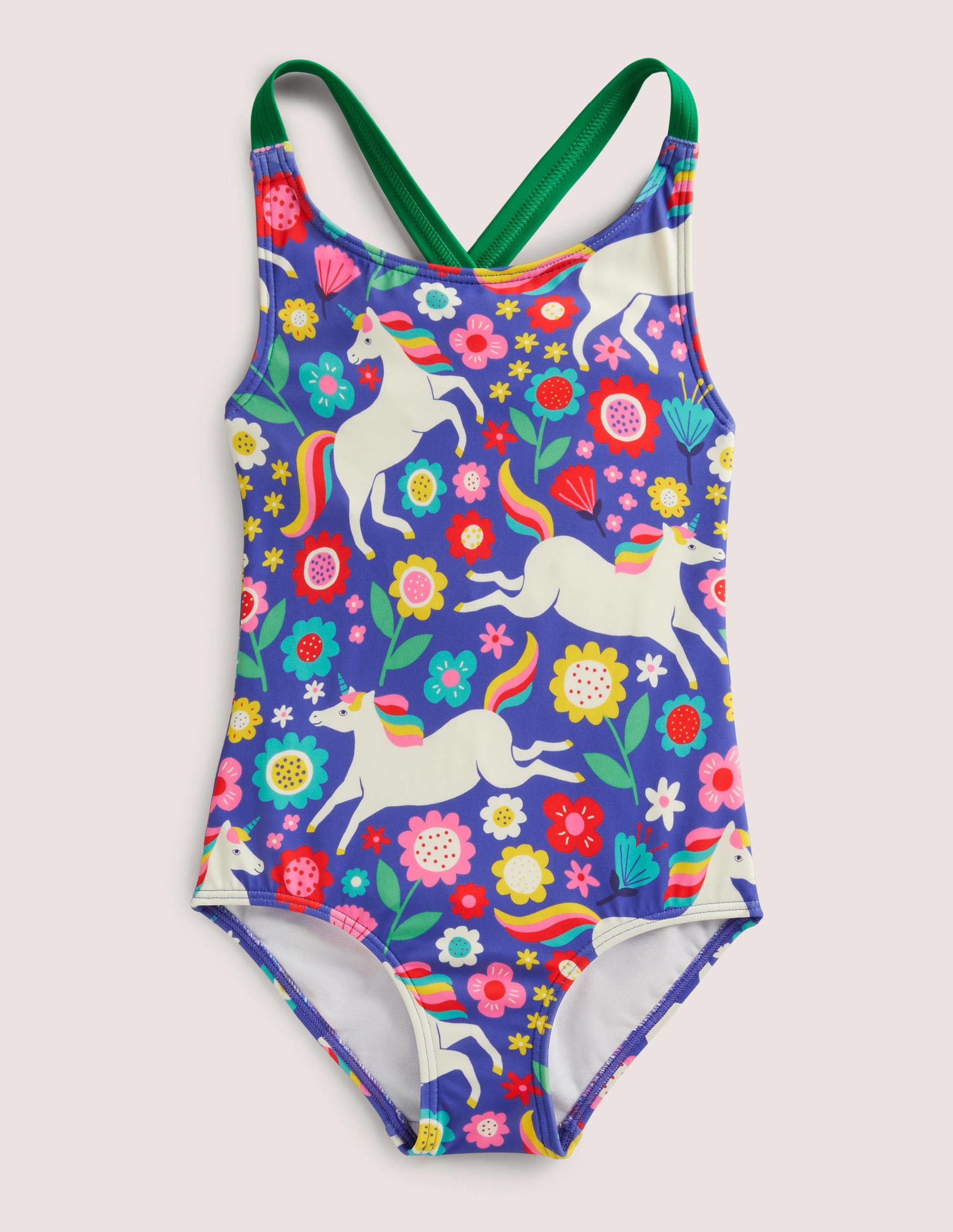Cross-back Printed Swimsuit-Bluebell Unicorn Floral-1