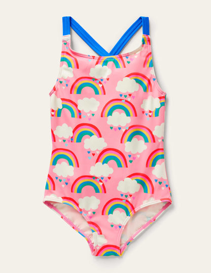 Cross-back Printed Swimsuit-Pink Lemonade Rainbows-1