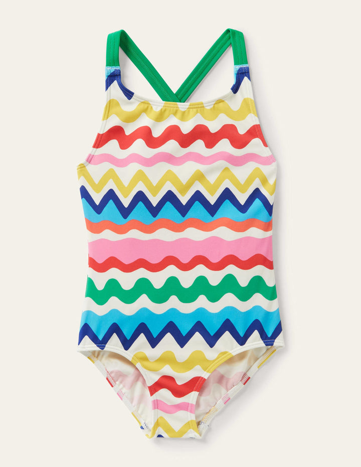 Cross-back Printed Swimsuit-Multi Ric Rac Stripe