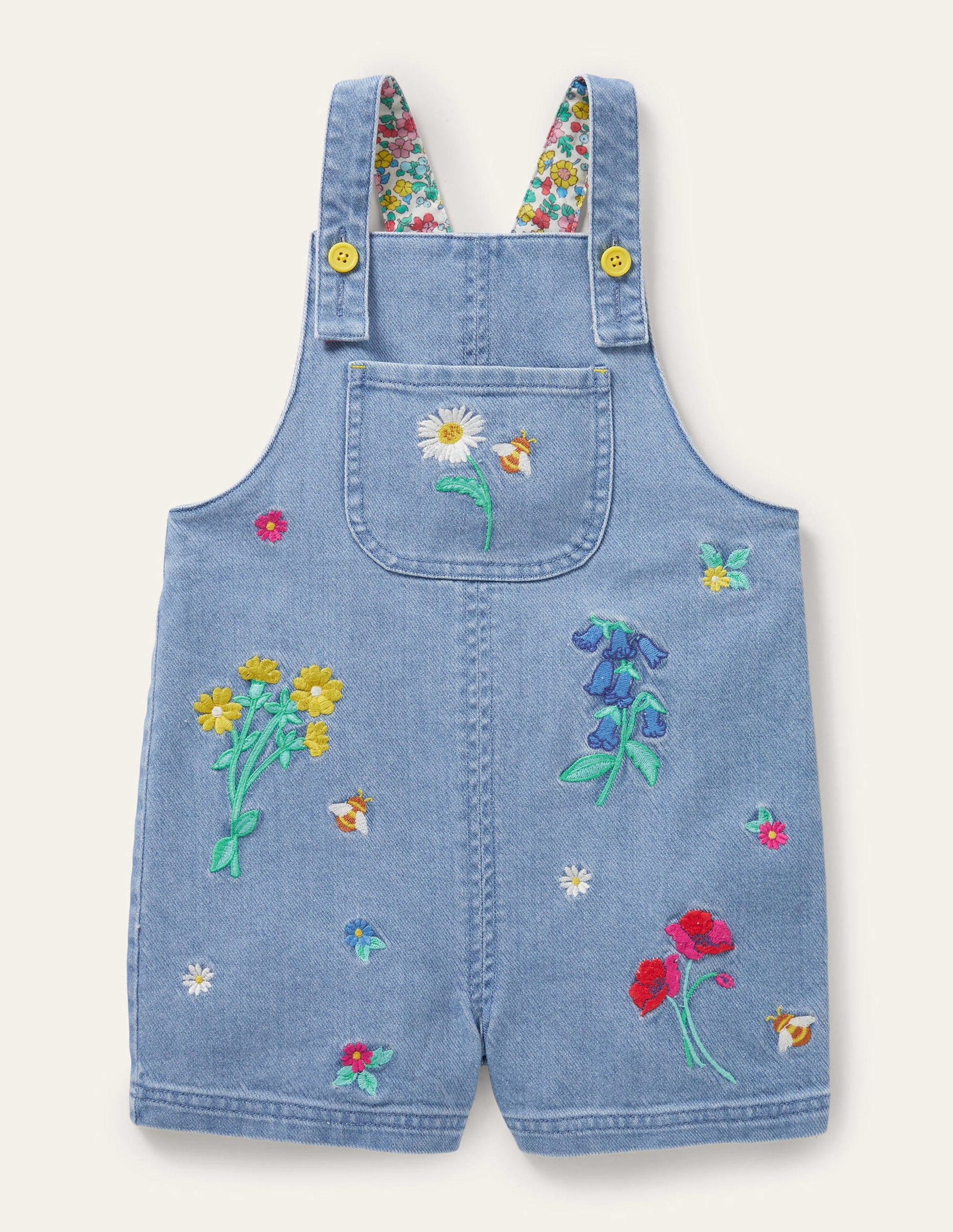 Embroidered Short Dungaree-Mid Vintage Denim Floral-1