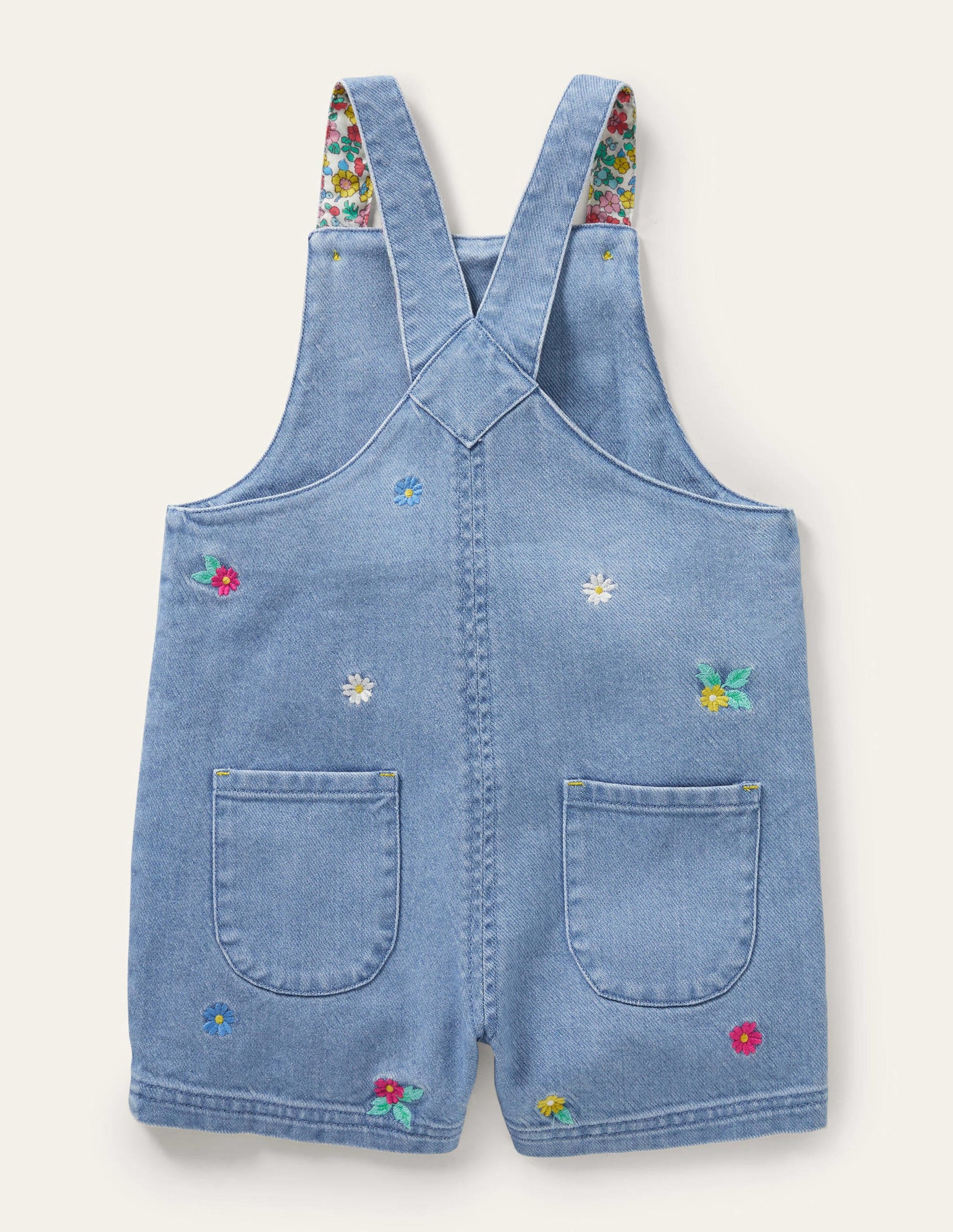 Embroidered Short Dungaree-Mid Vintage Denim Floral-2