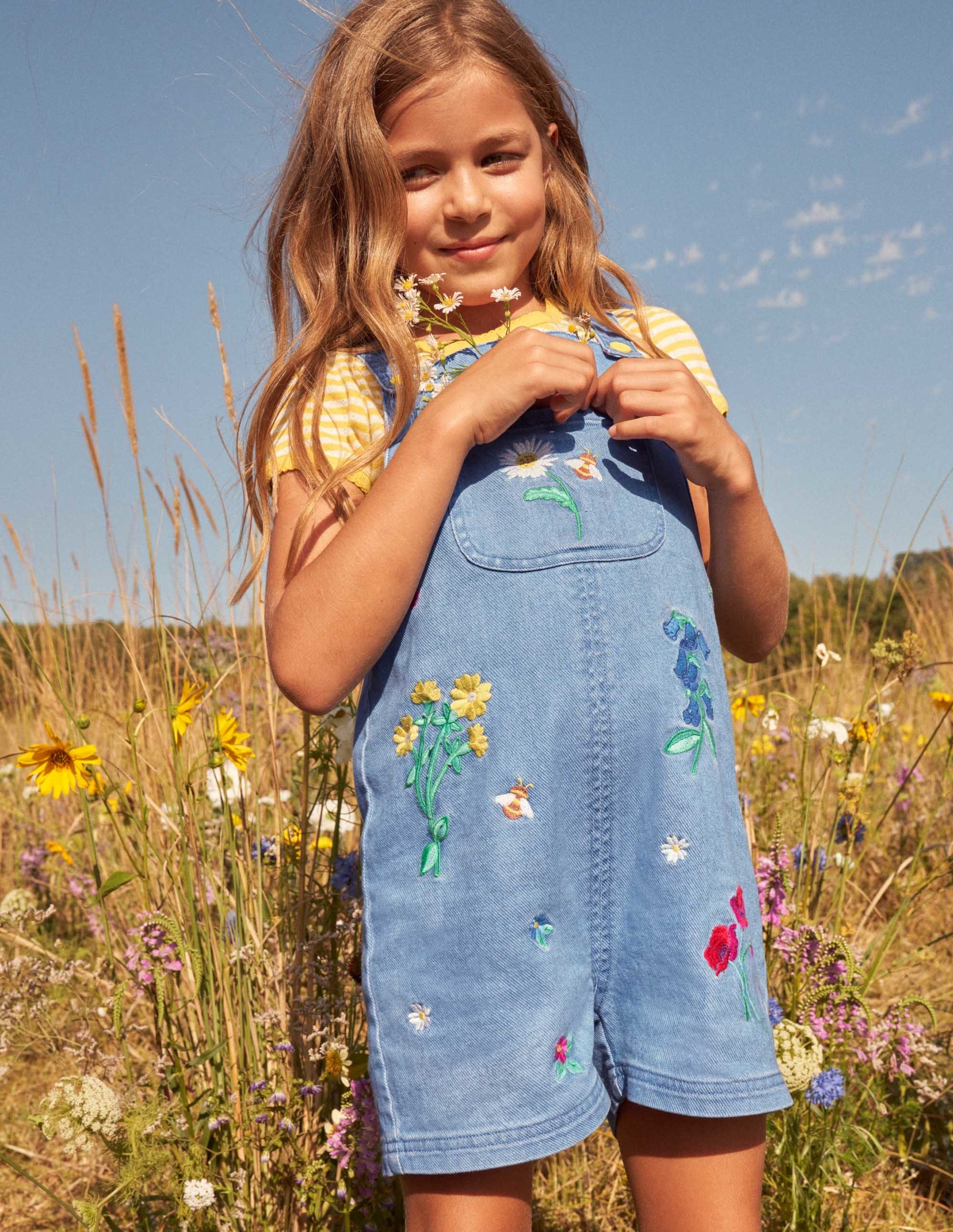 Embroidered Short Dungaree-Mid Vintage Denim Floral - Image 5