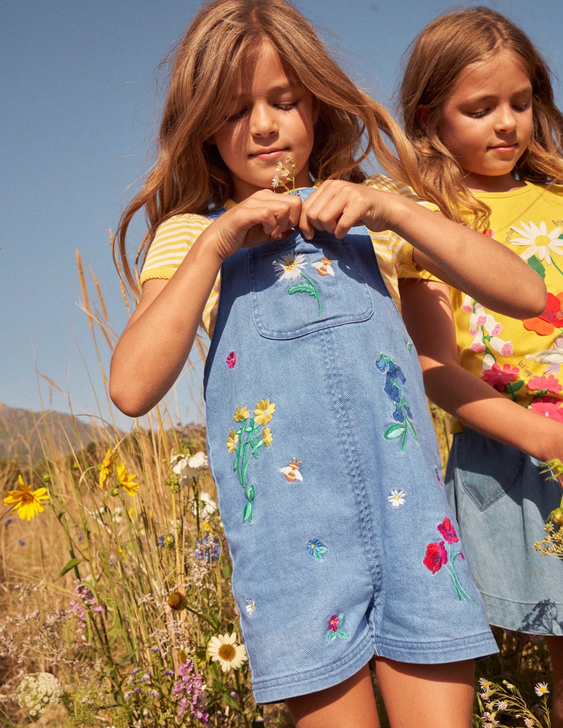 Embroidered Short Dungaree-Mid Vintage Denim Floral-6