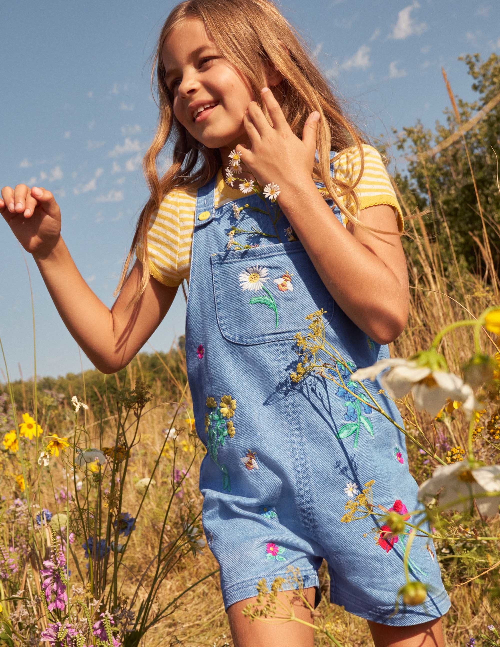 Embroidered Short Dungaree-Mid Vintage Denim Floral - Image 7