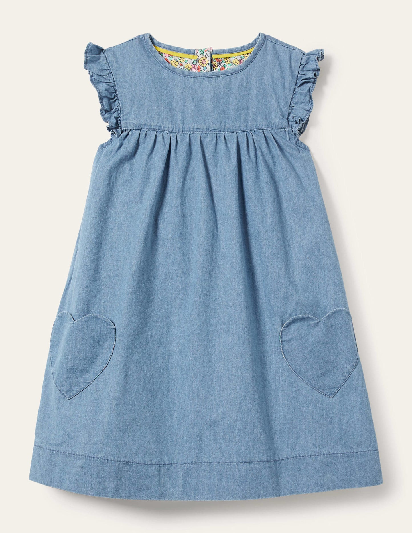 Denim Love Heart Frill Sleeve Dress-Mid Vintage Denim