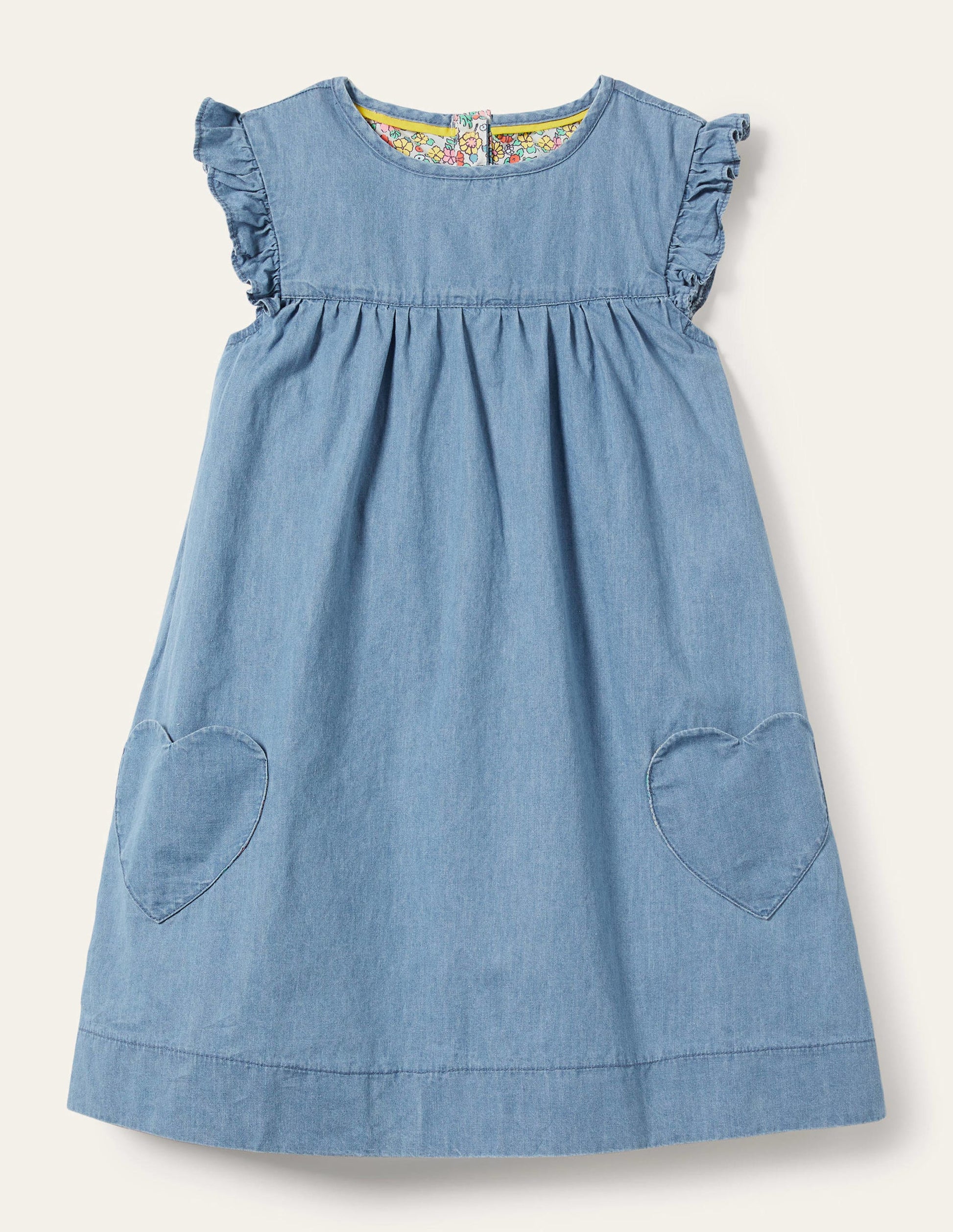 Denim Love Heart Frill Sleeve Dress-Mid Vintage Denim-1