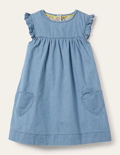 Denim Love Heart Frill Sleeve Dress-Mid Vintage Denim-1