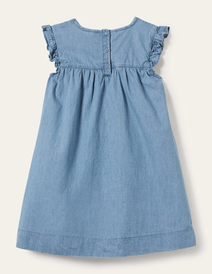 Denim Love Heart Frill Sleeve Dress-Mid Vintage Denim-2