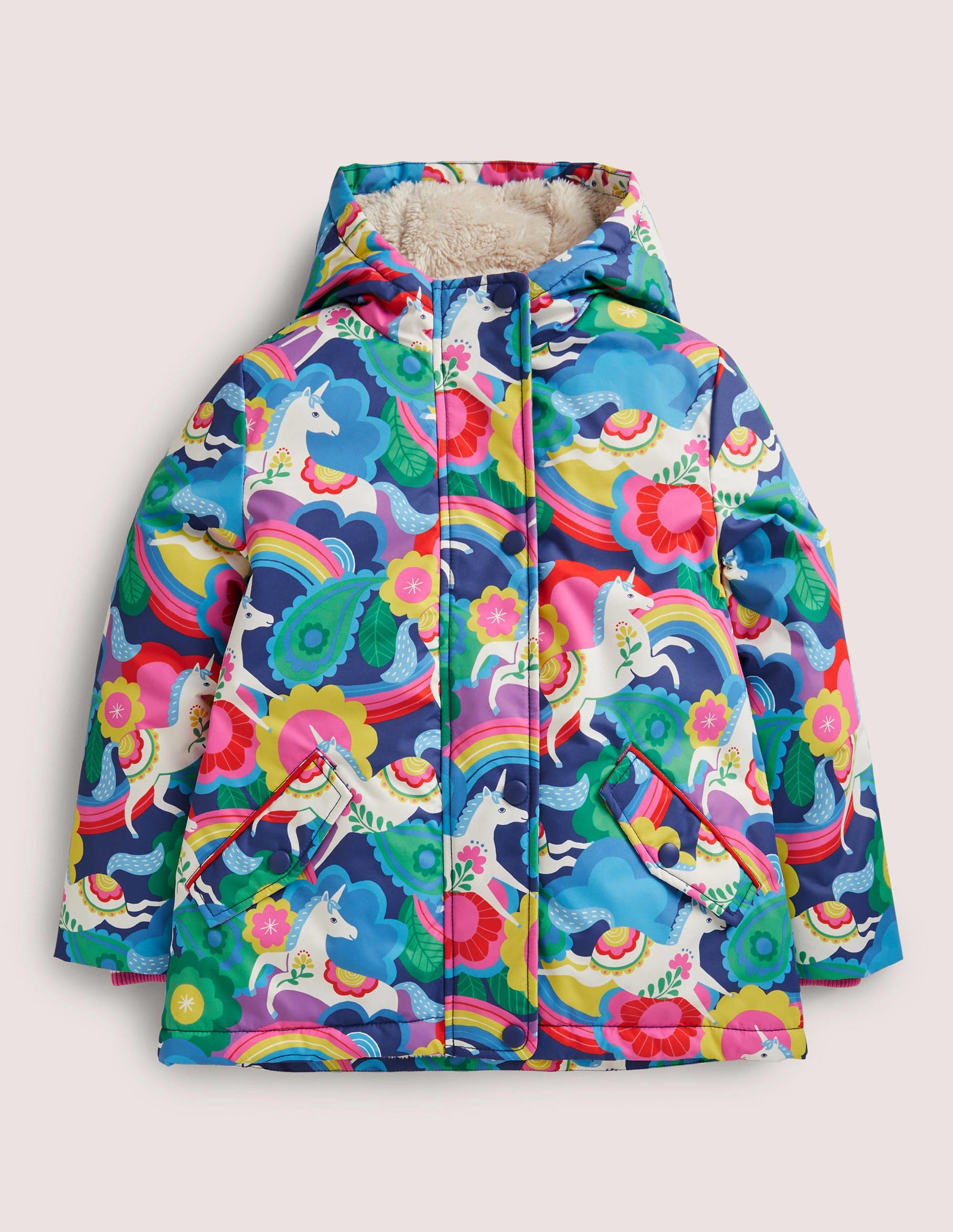 Navy Unicorn Print Sherpa Lined Anorak-Multi Flowerpatch Unicorns-1