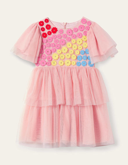 Appliqué Tiered Tulle Dress-Provence Dusty Pink Flowers