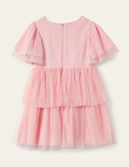 Appliqué Tiered Tulle Dress-Provence Dusty Pink Flowers