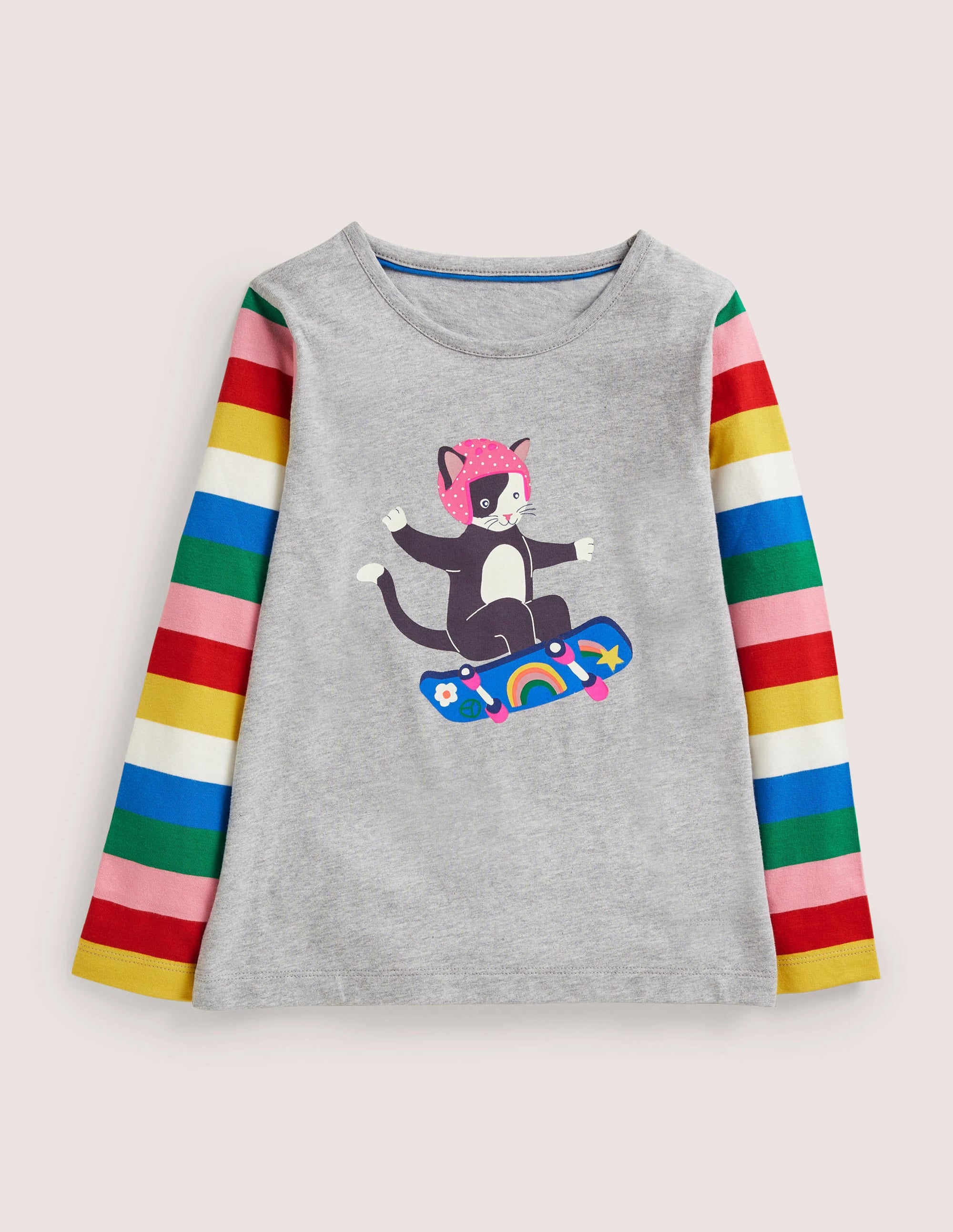 Graphic Rainbow T-shirt-Grey Marl Skateboarding Cat - Image 1