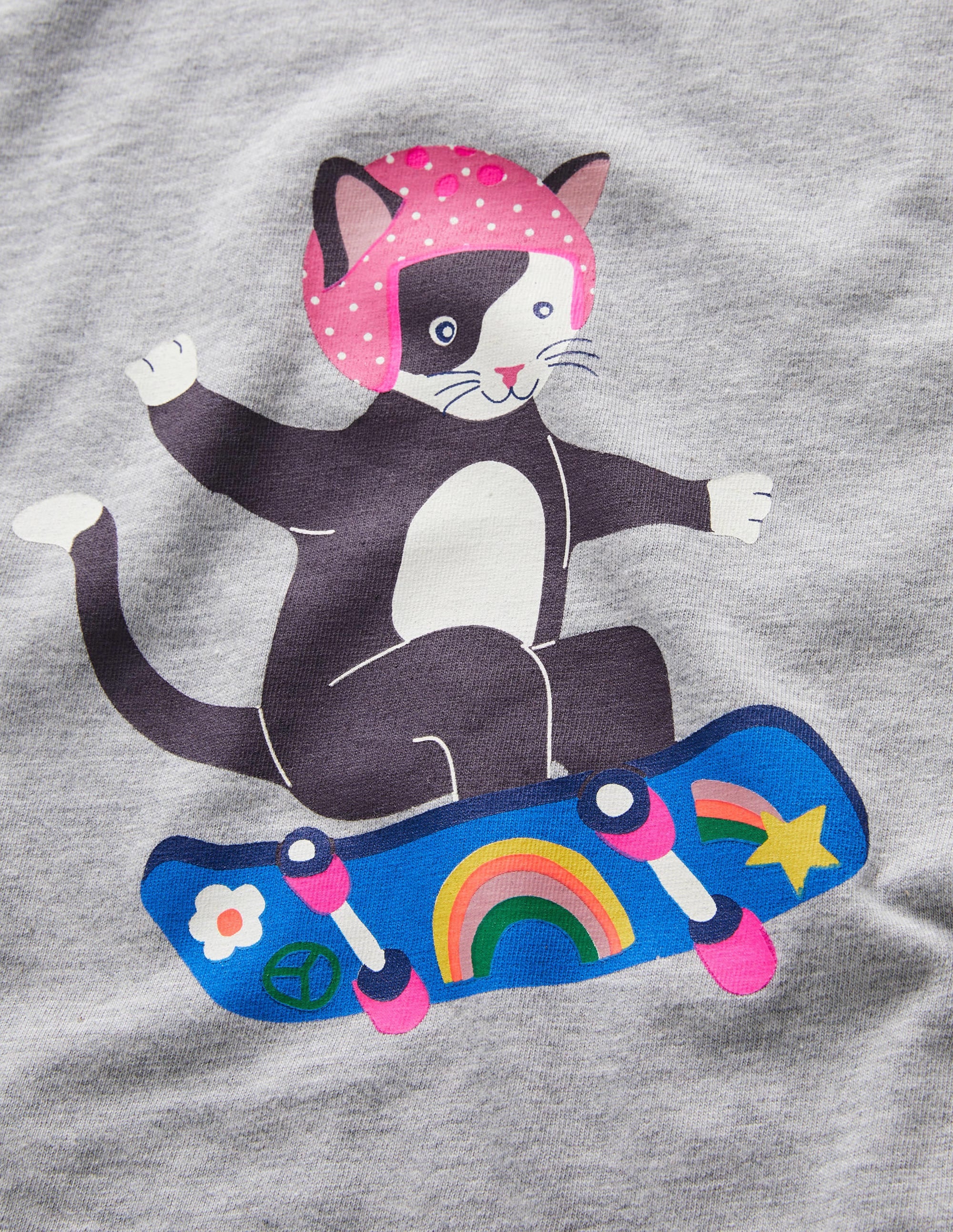 Graphic Rainbow T-shirt-Grey Marl Skateboarding Cat - Image 3