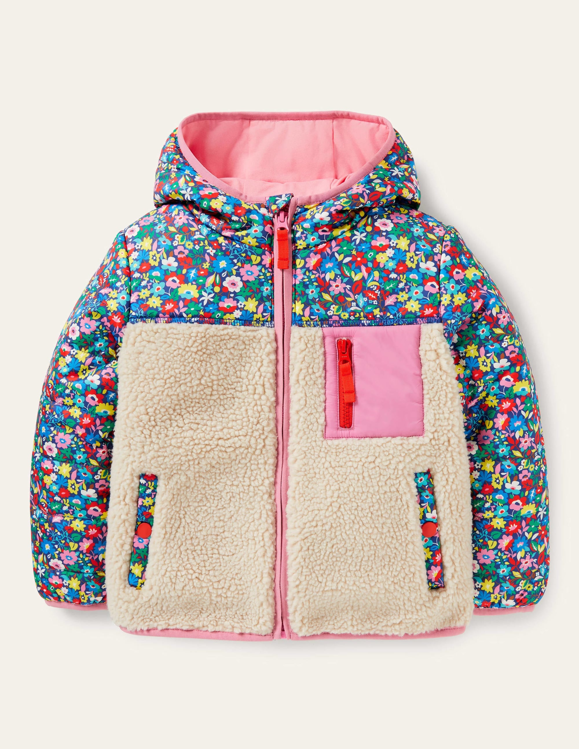 Colourblock Borg Jacket-Borg Multi Patchwork Floral - Image 1