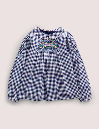 Collared Smocked Woven Top-Riviera Blue Gingham-1