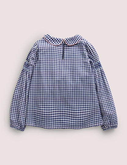 Collared Smocked Woven Top-Riviera Blue Gingham-2