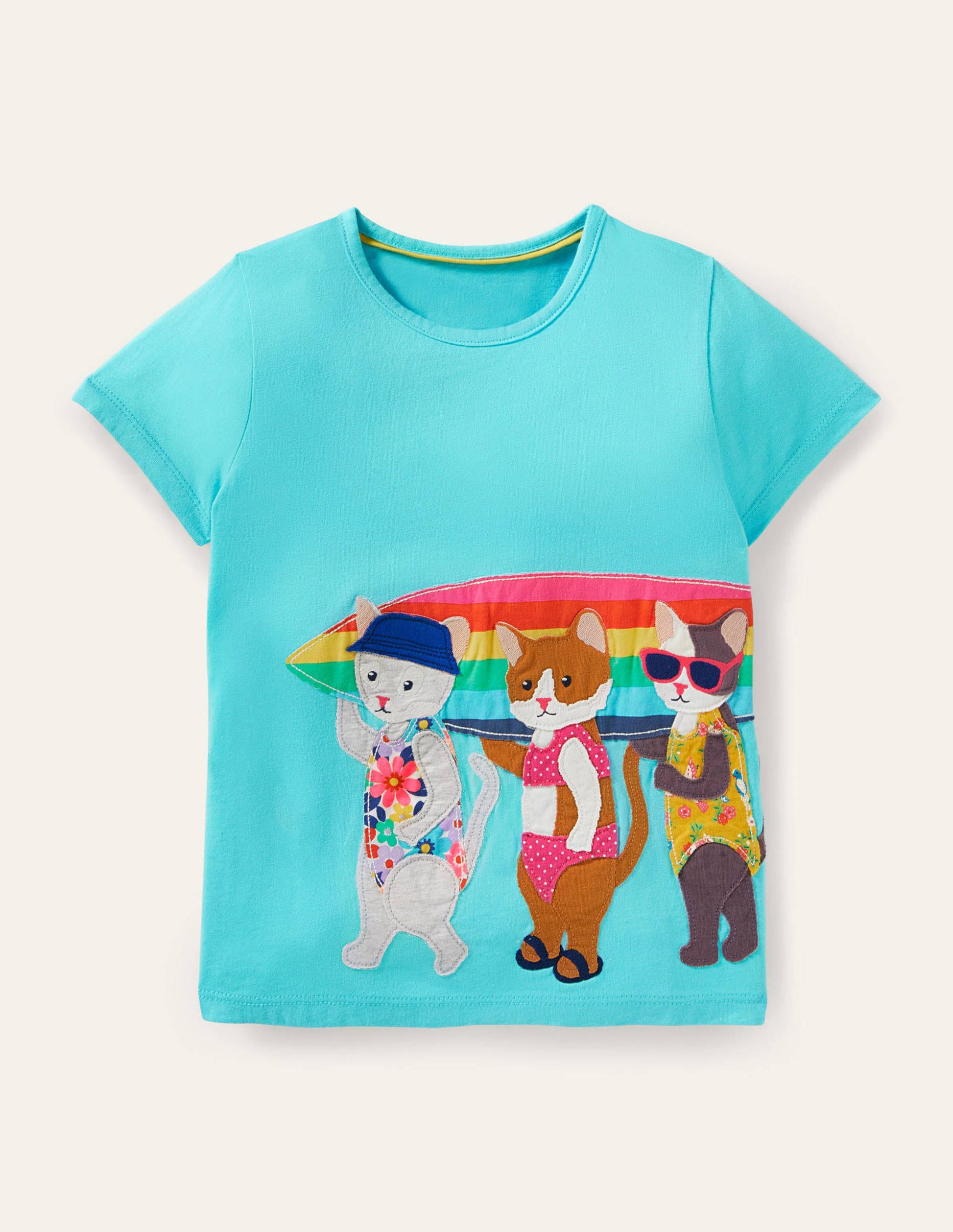 Short-sleeved Appliqué T-shirt-Turquoise Surfing Cats-1