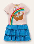 Tiered Skirt Appliqué Dress-Pink Rainbow Sloth