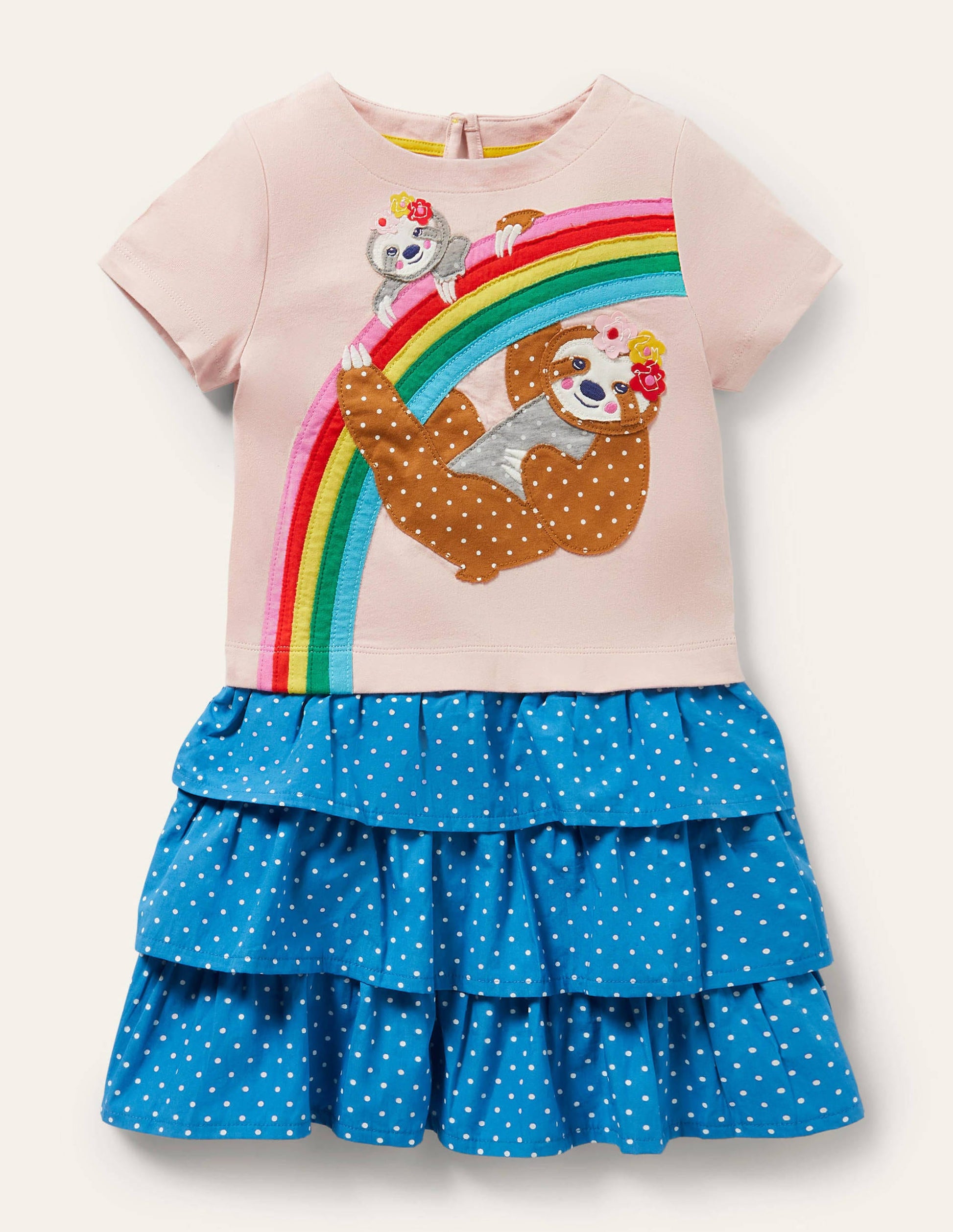 Tiered Skirt Appliqué Dress-Pink Rainbow Sloth-1