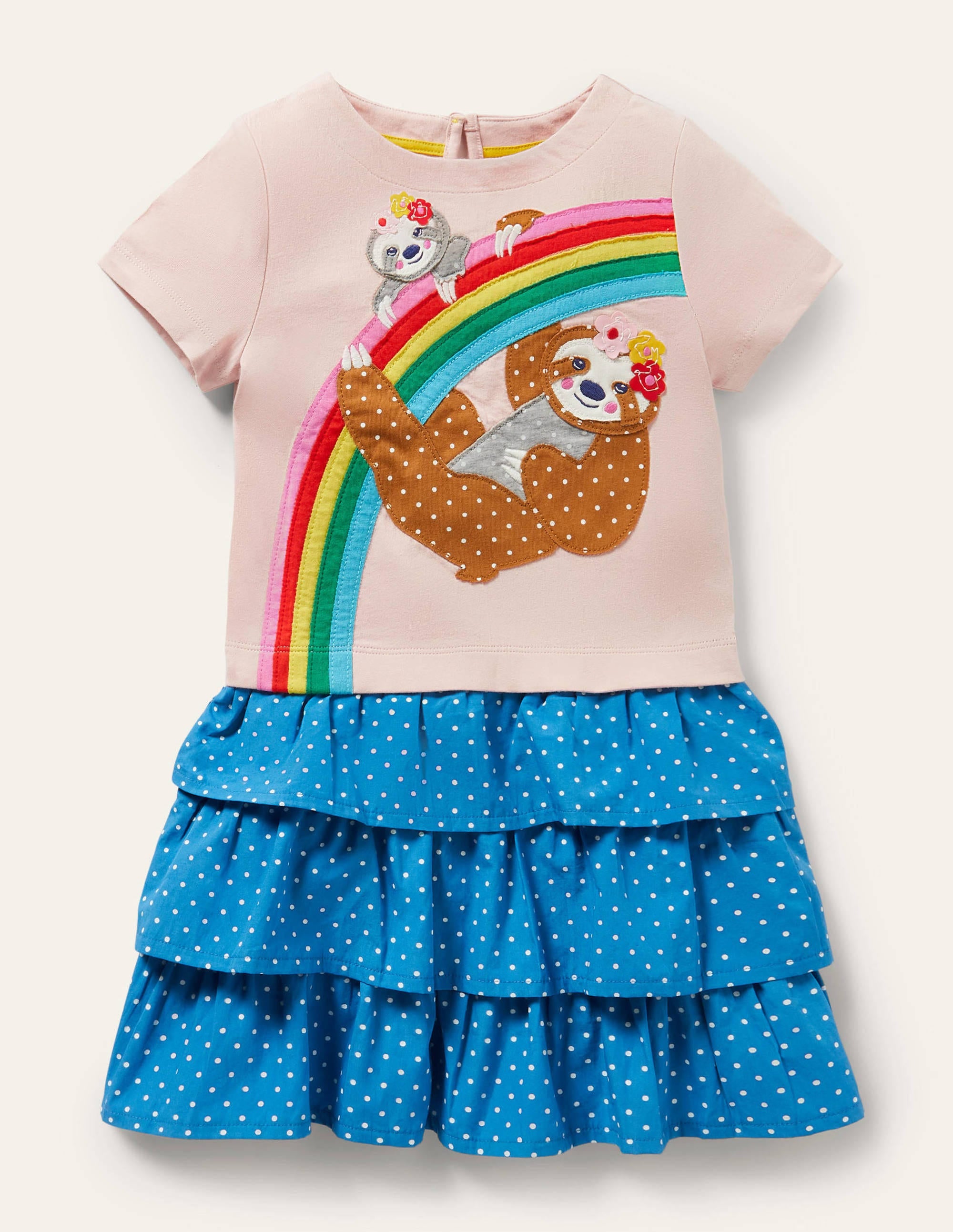Tiered Skirt Appliqué Dress-Pink Rainbow Sloth - Image 1