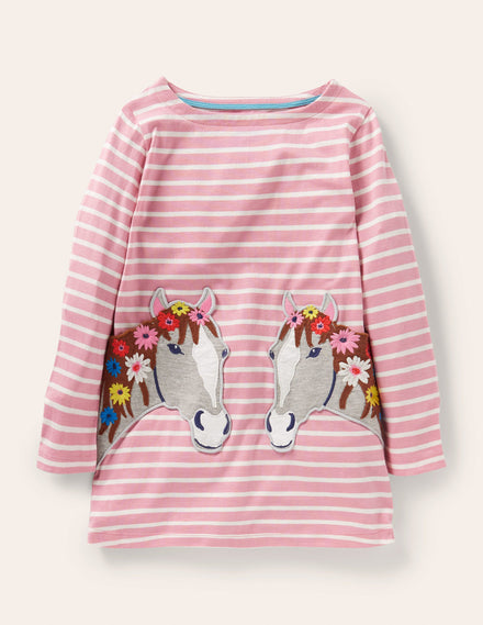 Appliqué Pocket Tunic-Almond Pink/Ivory Horse