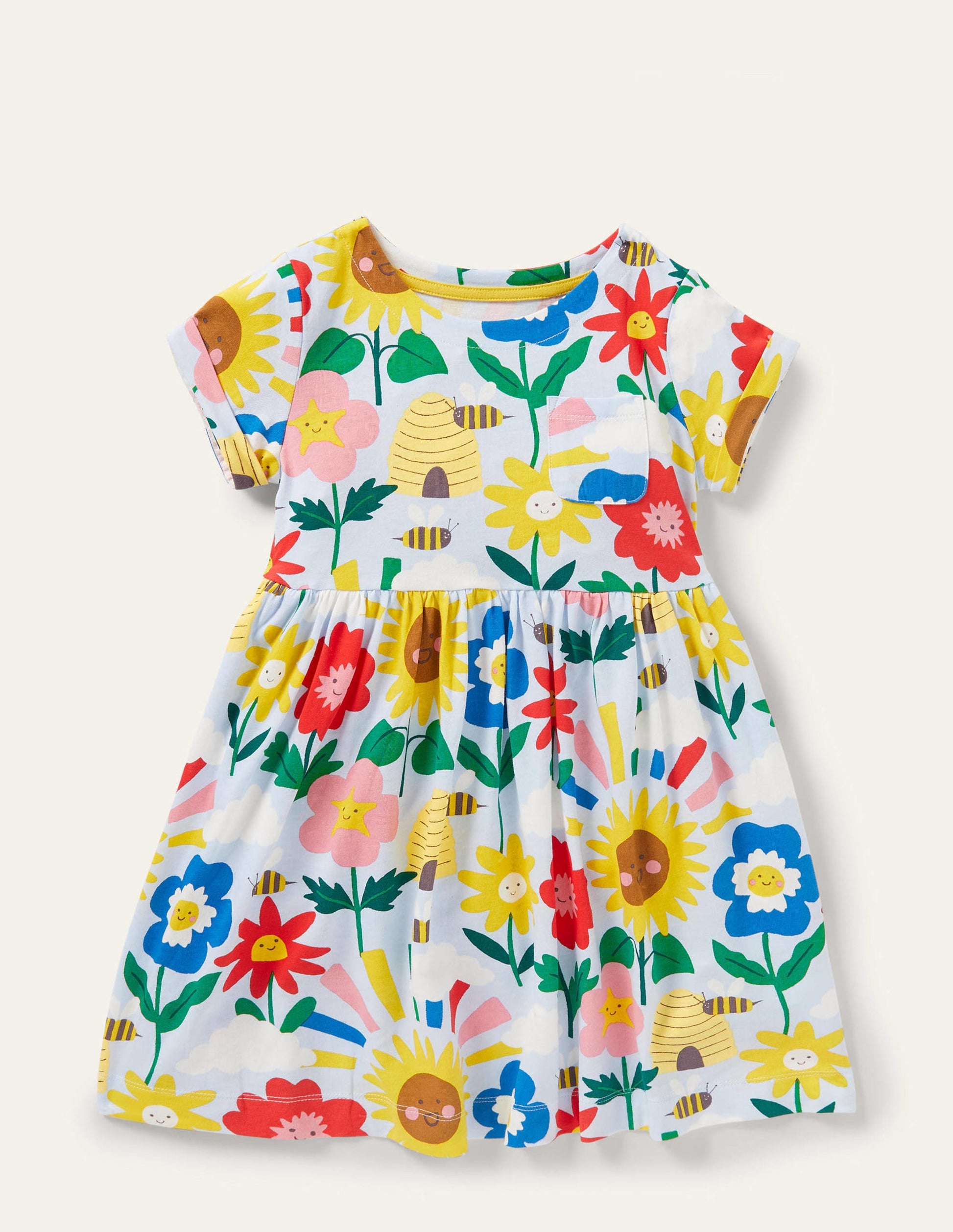 Short Sleeve Fun Jersey Dress-Provence Blue Happy Flowers-1