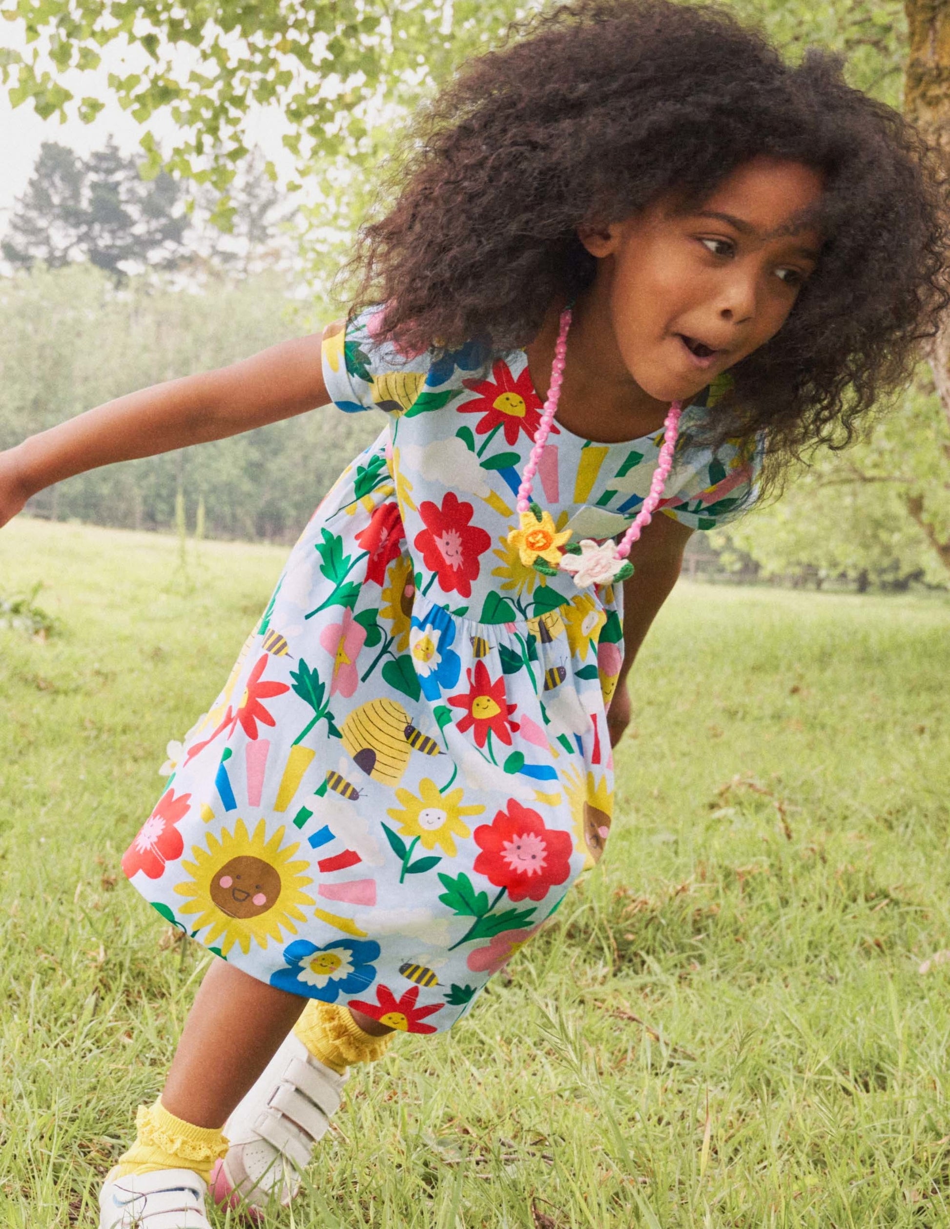 Short Sleeve Fun Jersey Dress-Provence Blue Happy Flowers-4