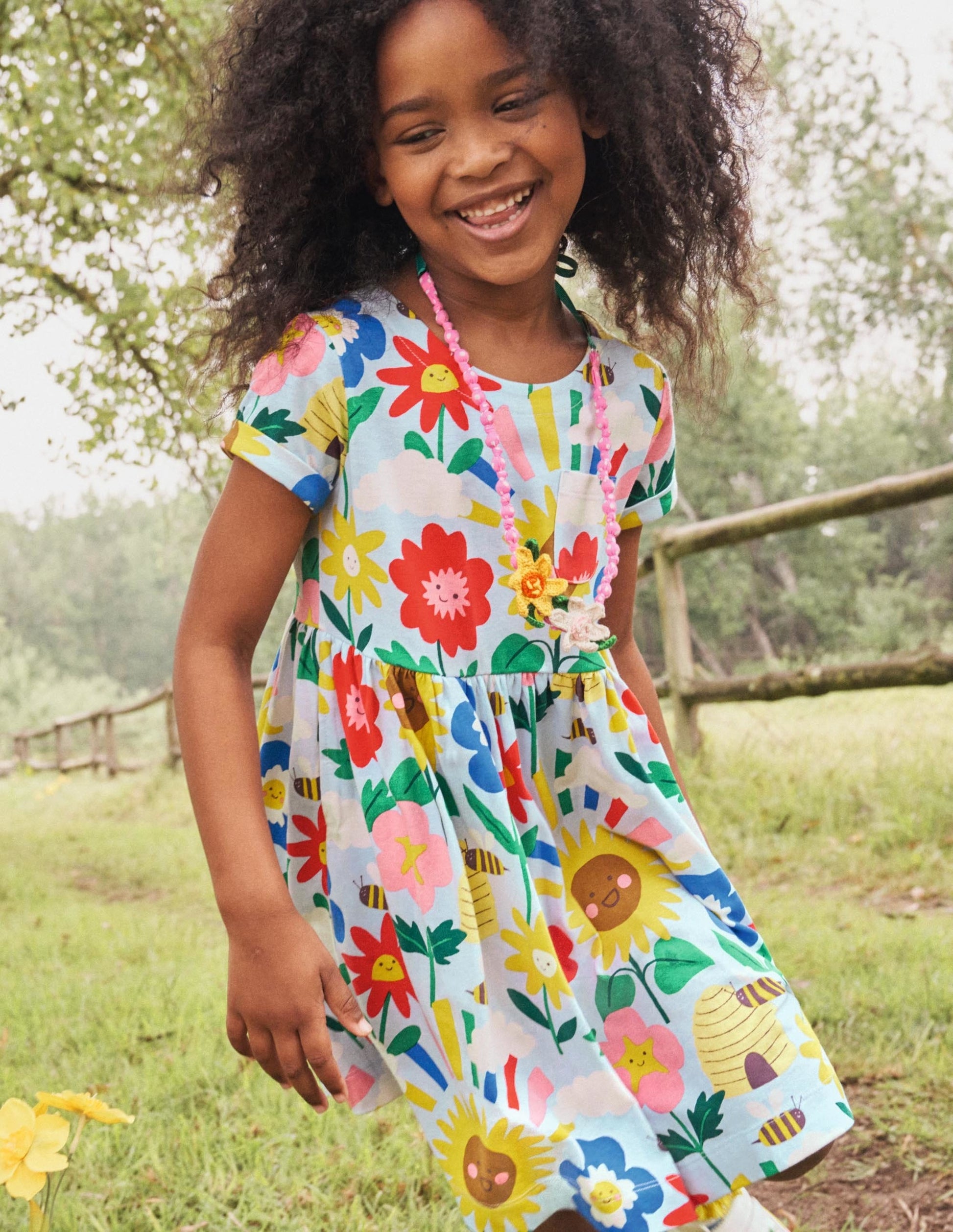 Short Sleeve Fun Jersey Dress-Provence Blue Happy Flowers-5