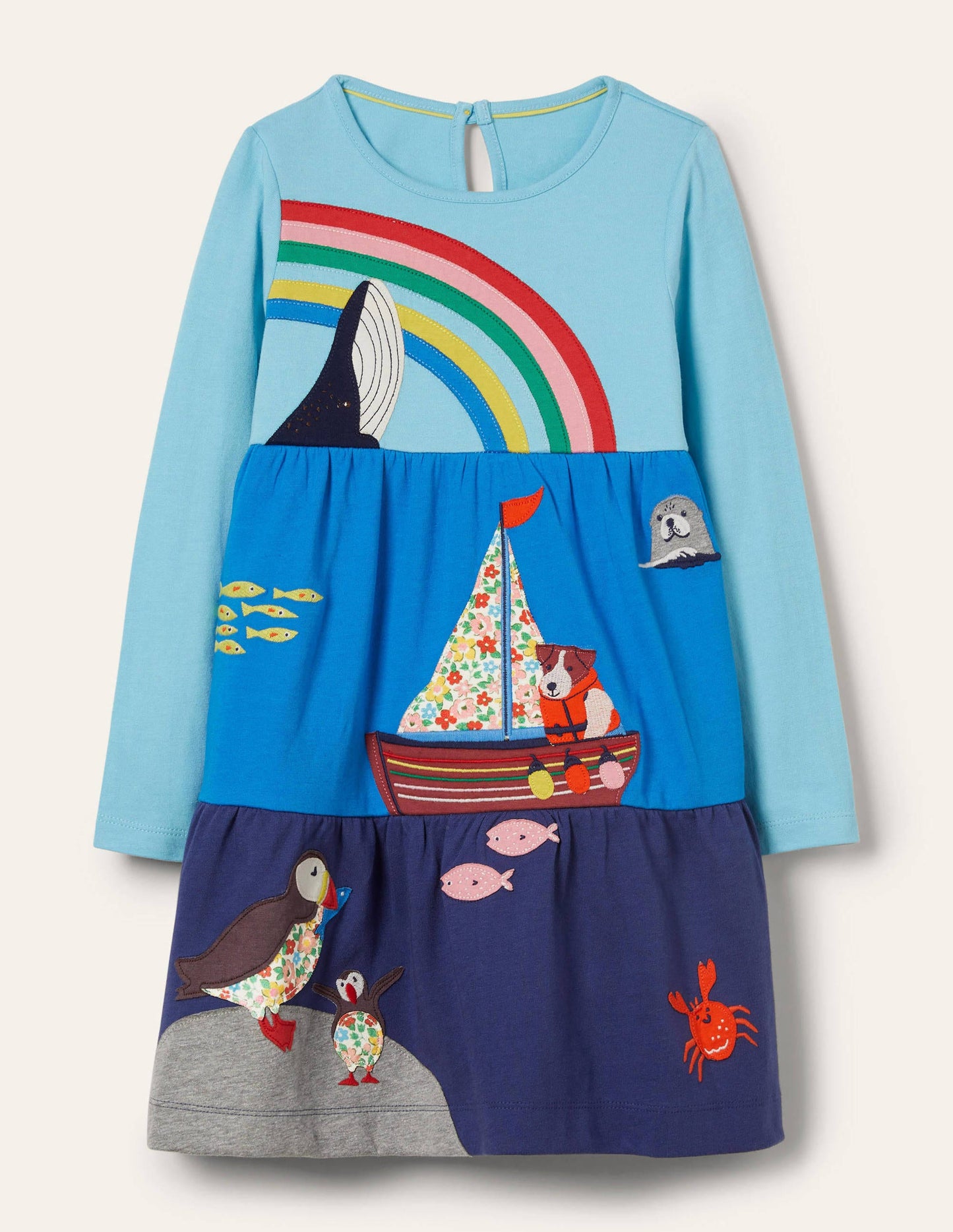 Tiered Appliqué Dress-Aqua Blue Sea Scene