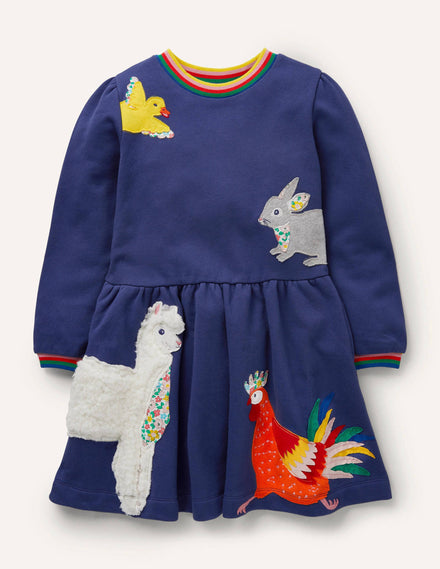 Appliqué Sweatshirt Dress-Starboard Blue Animals