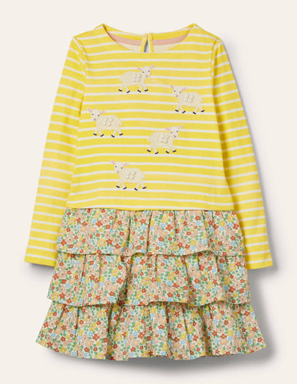 Appliqué Hotchpotch Dress-Sweetcorn Yellow/ Ivory Sheep-1