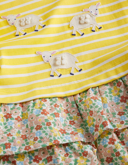Appliqué Hotchpotch Dress-Sweetcorn Yellow/ Ivory Sheep-3