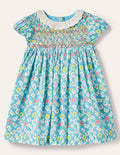 Puff Sleeved Collared Dress-Aqua Blue Clematis