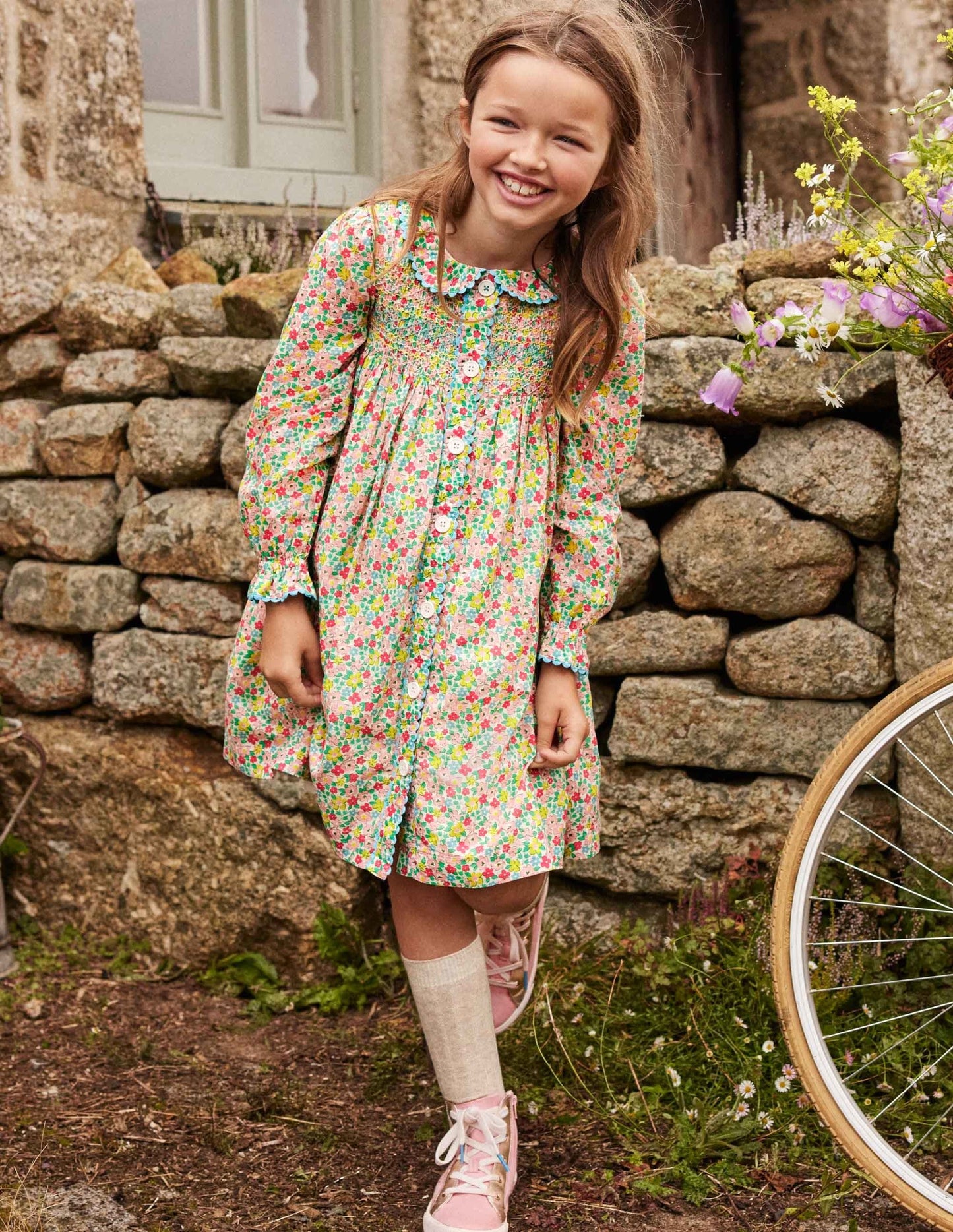 Button-through Smocked Dress-Multi Spring Floral