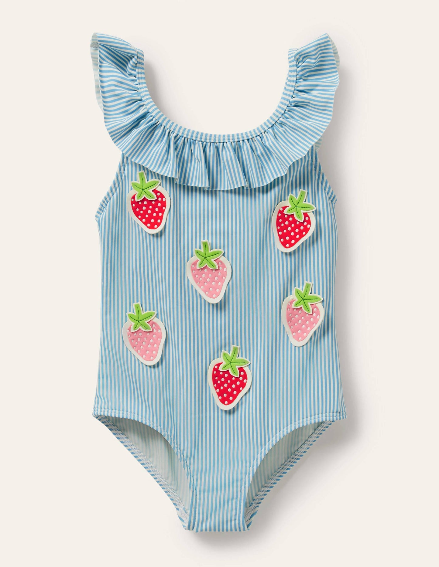 Blue Stripe Strawberry Frill Swimsuit-Blue/Ivory Ticking Strawberry