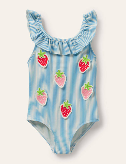 Blue Stripe Strawberry Frill Swimsuit-Blue/Ivory Ticking Strawberry-1