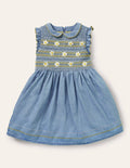 Smocked Woven Dress-Chambray