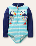 Long-sleeved Appliqué Swimsuit-Aqua/Ivory Puffins