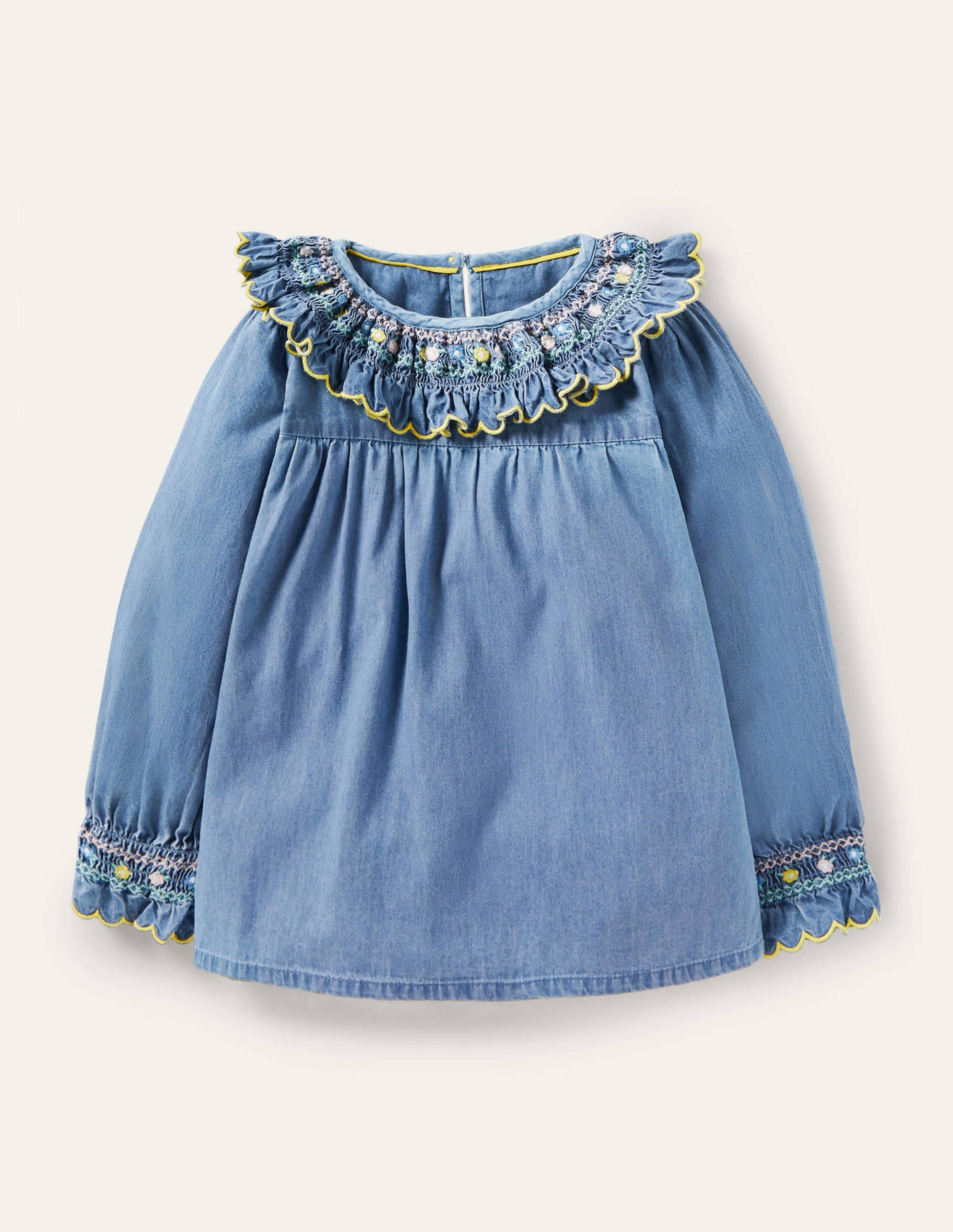 Smocked Collar Denim Top-Chambray-1