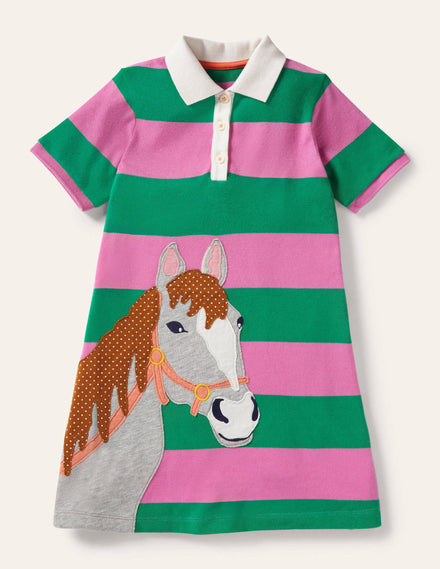 Appliqué Polo Dress-Green Pepper/Pink Horse