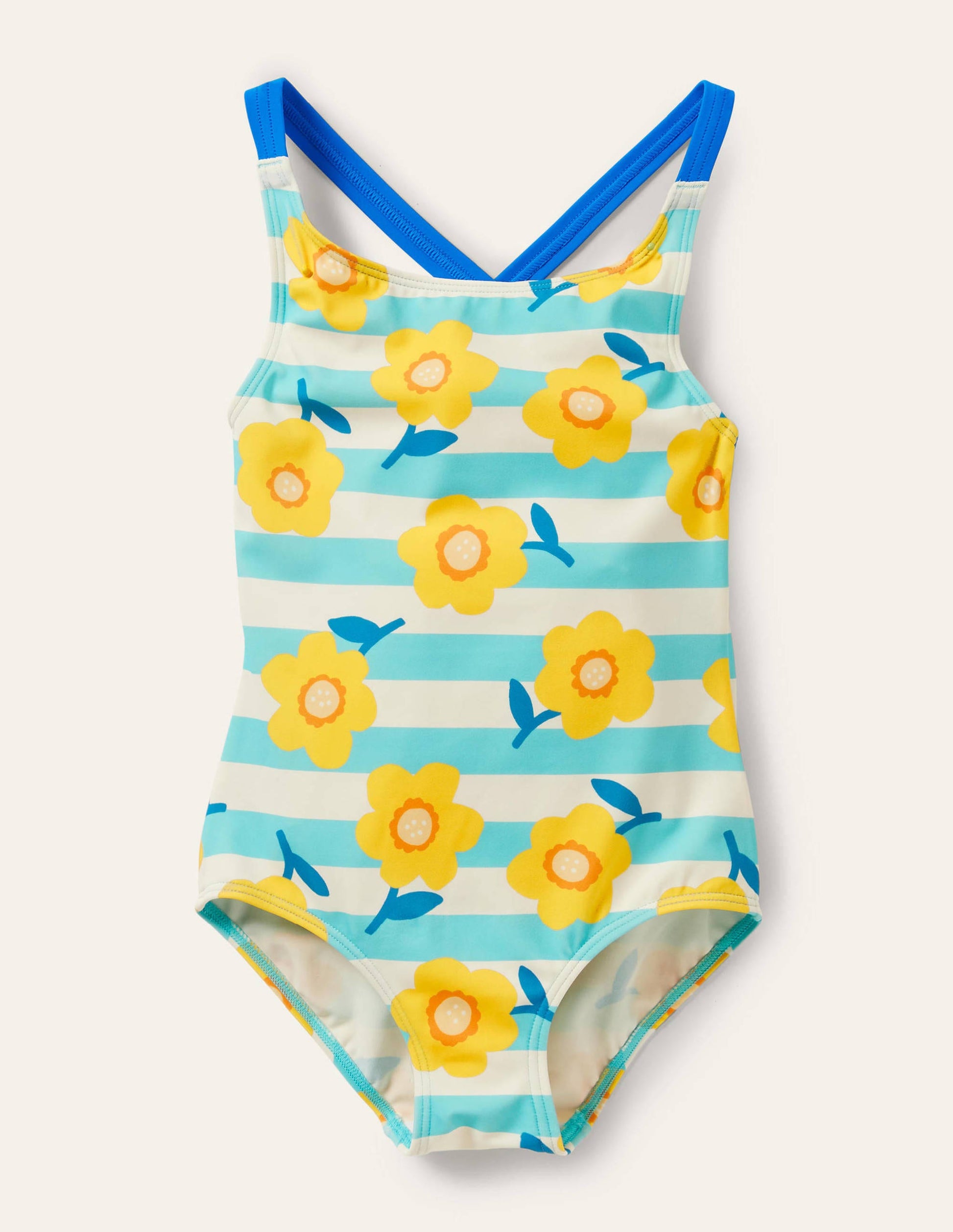 Cross-back Printed Swimsuit-Aqua Blue/ Ivory Daffodil-1