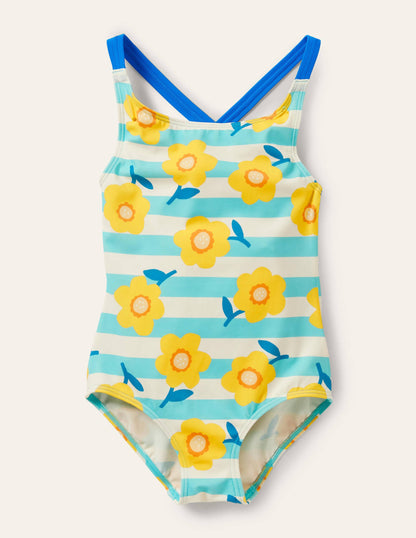 Cross-back Printed Swimsuit-Aqua Blue/ Ivory Daffodil-1