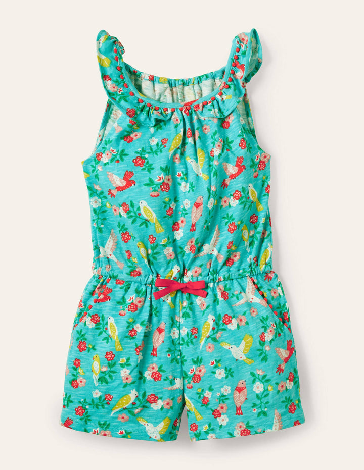 Charlie Pom Jersey Playsuit-Turquoise Tropical Garden