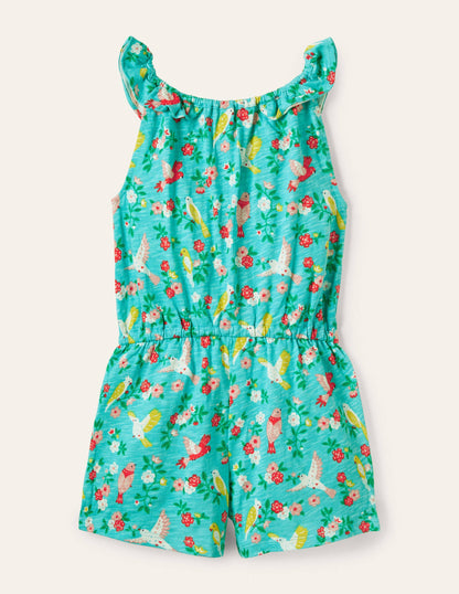 Charlie Pom Jersey Playsuit-Turquoise Tropical Garden-2