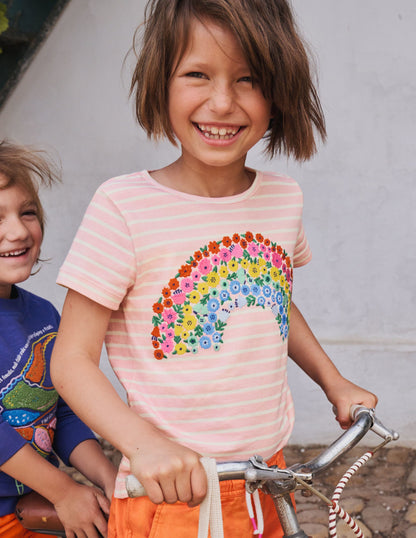 Stripy Logo T-Shirt-Boto Pink/Ivory Rainbow