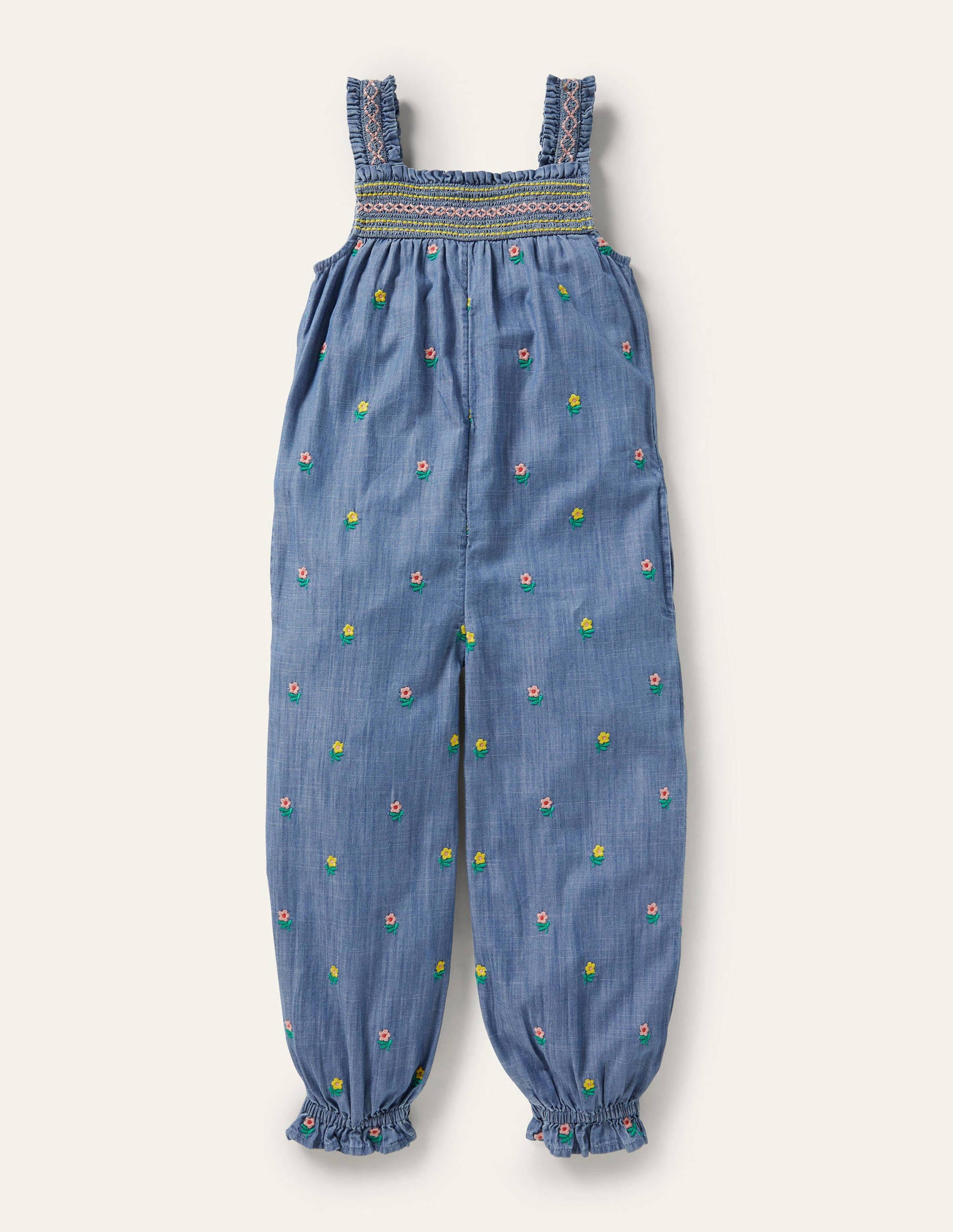 Embroidered Smock Dungarees-Chambray Floral-1