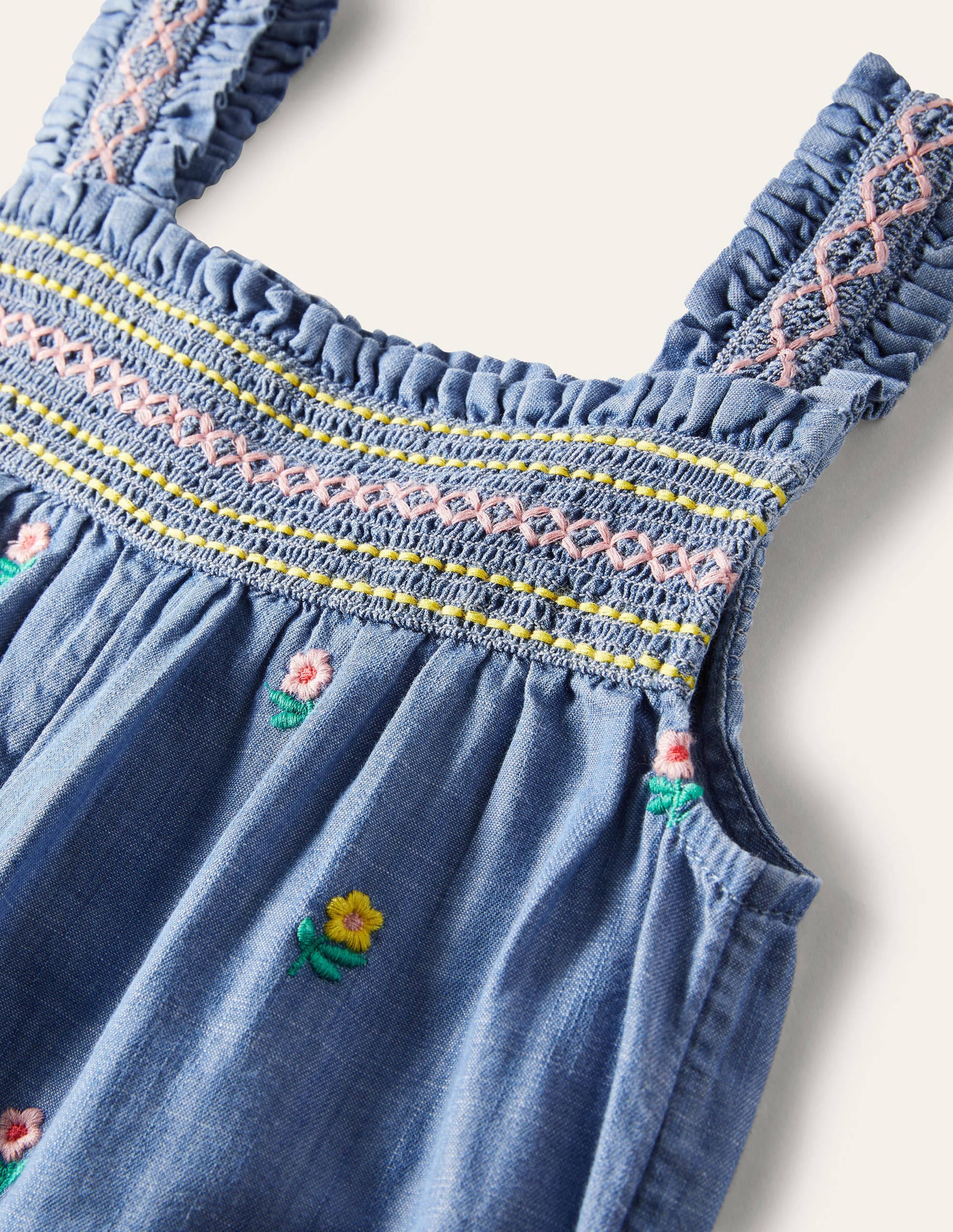 Embroidered Smock Dungarees-Chambray Floral - Image 3