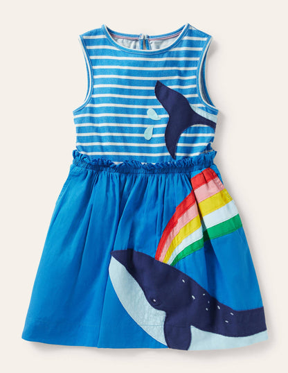 Appliqué Woven Mix Dress-Moroccan Blue/ Ivory Whale-2