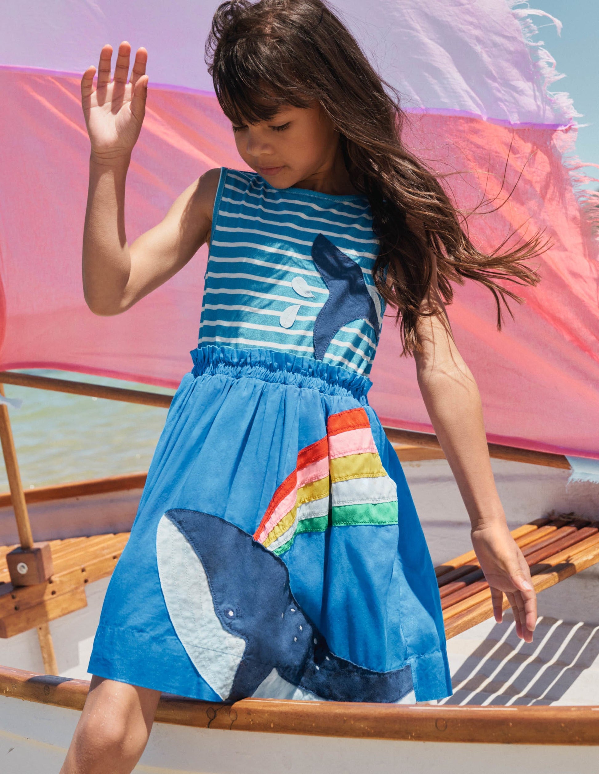 Appliqué Woven Mix Dress-Moroccan Blue/ Ivory Whale-1