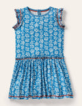 Frill Detail Jersey Dress-Bahama Blue/ Ivory Woodblock